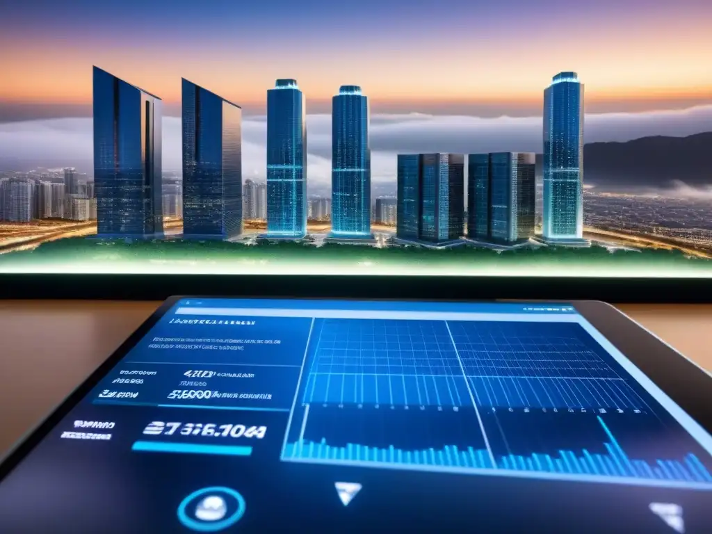 Portafolio de inversión inmobiliaria diversificado: detallado y futurista Un portafolio diversificado de inversiones inmobiliarias se muestra en una interfaz digital futurista y detallada