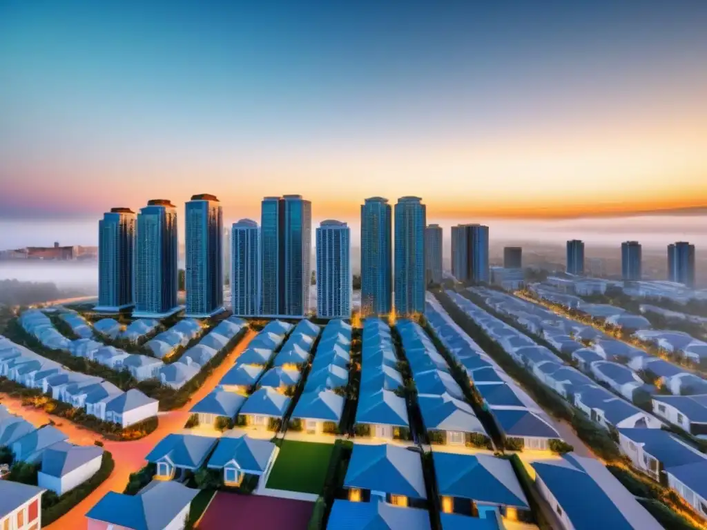 Portafolio de inversión inmobiliaria diverso y equilibrado Un portafolio inmobiliario diverso y equilibrado en una ilustración detallada y moderna, con estrategias inversión inmobiliaria equilibradas