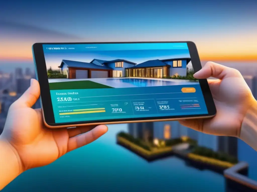 Portafolio inmobiliario diversificado en interfaz digital futurista Un portafolio inmobiliario diverso en una interfaz digital futurista y detallada