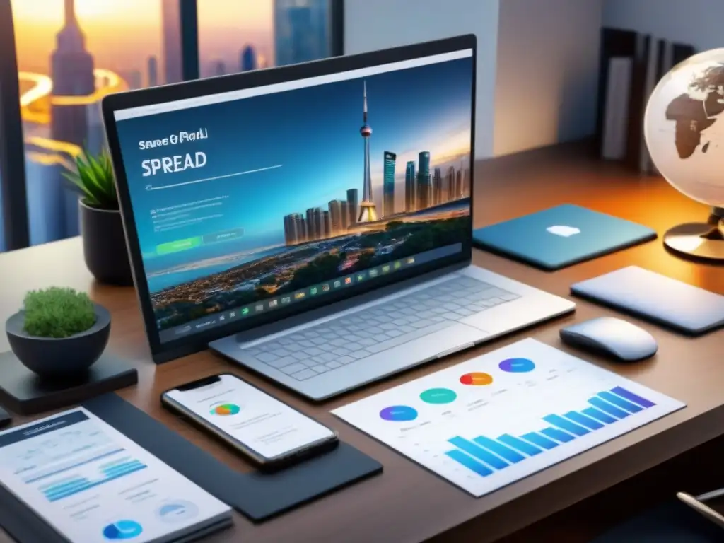 Portafolio de inversión inmobiliaria: diversidad y éxito en 3D Un portafolio de inversión inmobiliaria diversificado en un moderno escritorio, transmitiendo estrategias de éxito en bienes raíces