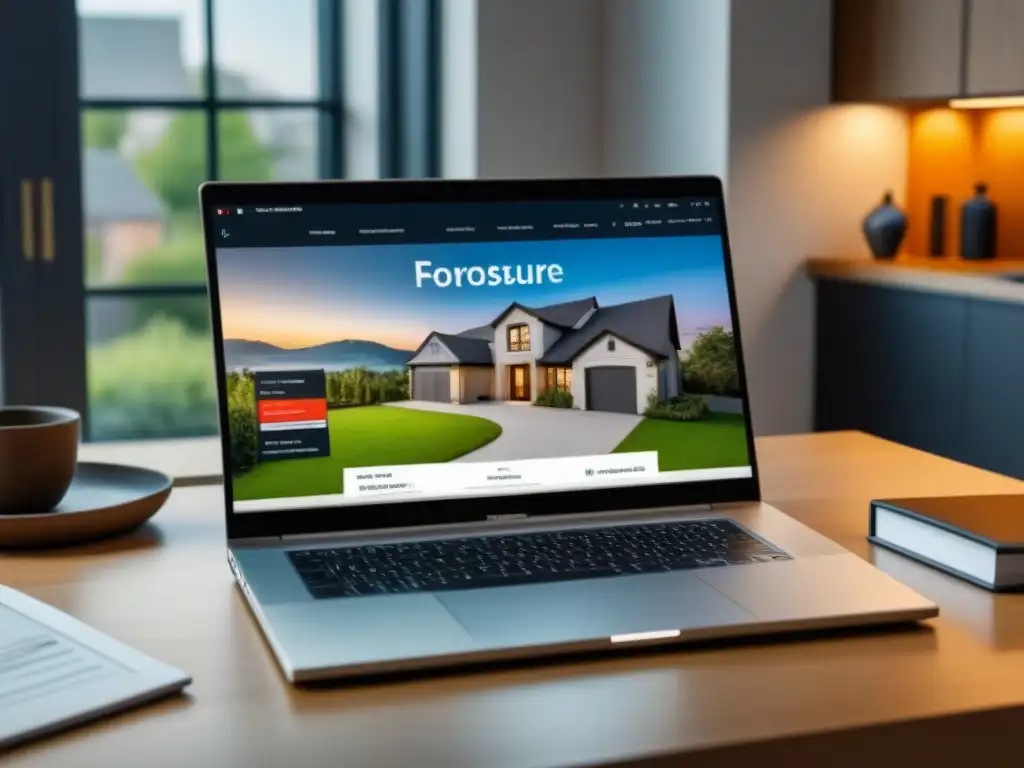 Plataforma inmobiliaria: análisis de propiedades en embargo Portátil moderno mostrando plataforma online para encontrar propiedades en remate con herramientas analíticas detalladas