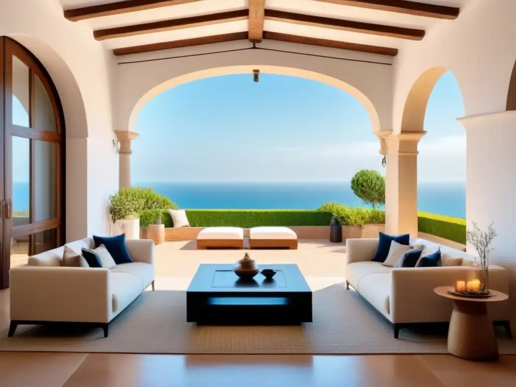 Salón de lujo en villa española con vistas al mar Primera visita a propiedad en venta: Sala de estar lujosa en villa española con vista al mar, decoración elegante y arquitectura tradicional