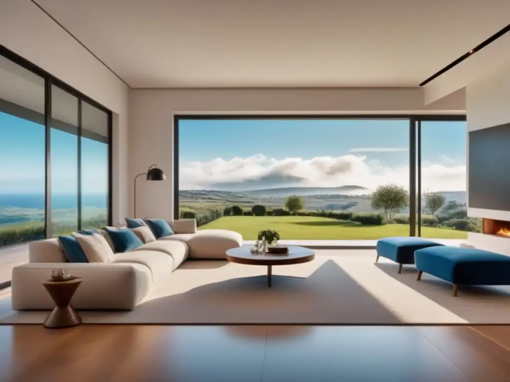 Salón moderno en propiedad española con toques tradicionales | Vista 8k Primera visita propiedad en venta: Sala moderna con toques españoles, muebles elegantes, ventanales y colores vibrantes