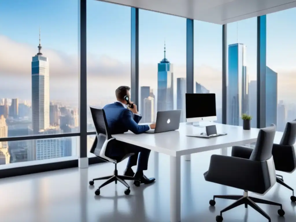 Oficina moderna: negociación de seguros con vista a la ciudad Profesional agente de seguros negociando costos en moderna oficina