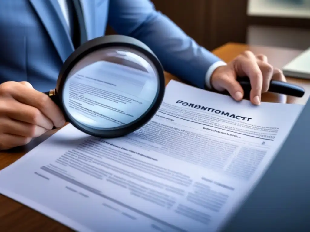 Profesional examinando contrato inmobiliario detalladamente Profesional interpretando contrato de bienes raíces en moderna oficina