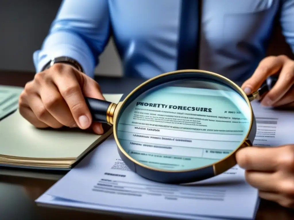 Profesional examina documentos de subastas inmobiliarias Profesional examina documentos sobre comprar propiedades en remate con lupa en mano, en moderna oficina