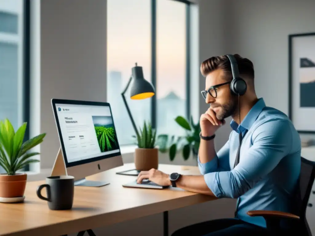 Freelancer exitoso: trabajo en casa con estilo Un profesional freelance trabaja en su moderno y elegante hogar, rodeado de plantas, papeleo y una taza de café