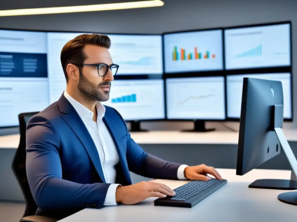 Oficina moderna: profesional analiza valuación inmobiliaria en tiempo real Profesional usando herramientas de valoración de propiedades en tiempo real en una oficina moderna y luminosa