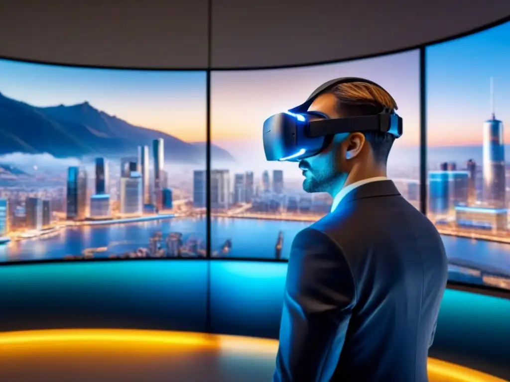 Inmersión financiera: Realidad virtual y AI en inversión inmobiliaria Un profesional interactúa con inversiones inmobiliarias con inteligencia artificial en un entorno virtual futurista y tecnológico