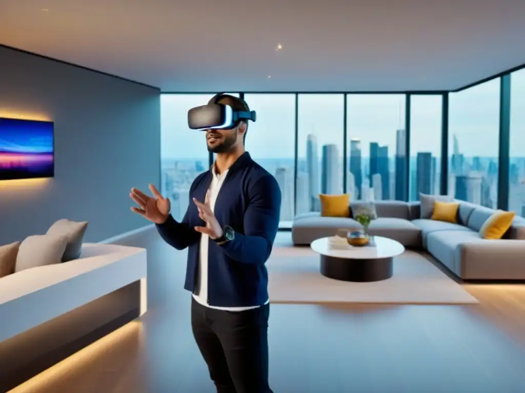 Realidad virtual inmersiva: visita guiada a casa moderna Profesional en Realidad Virtual muestra casa moderna a compradores asombrados