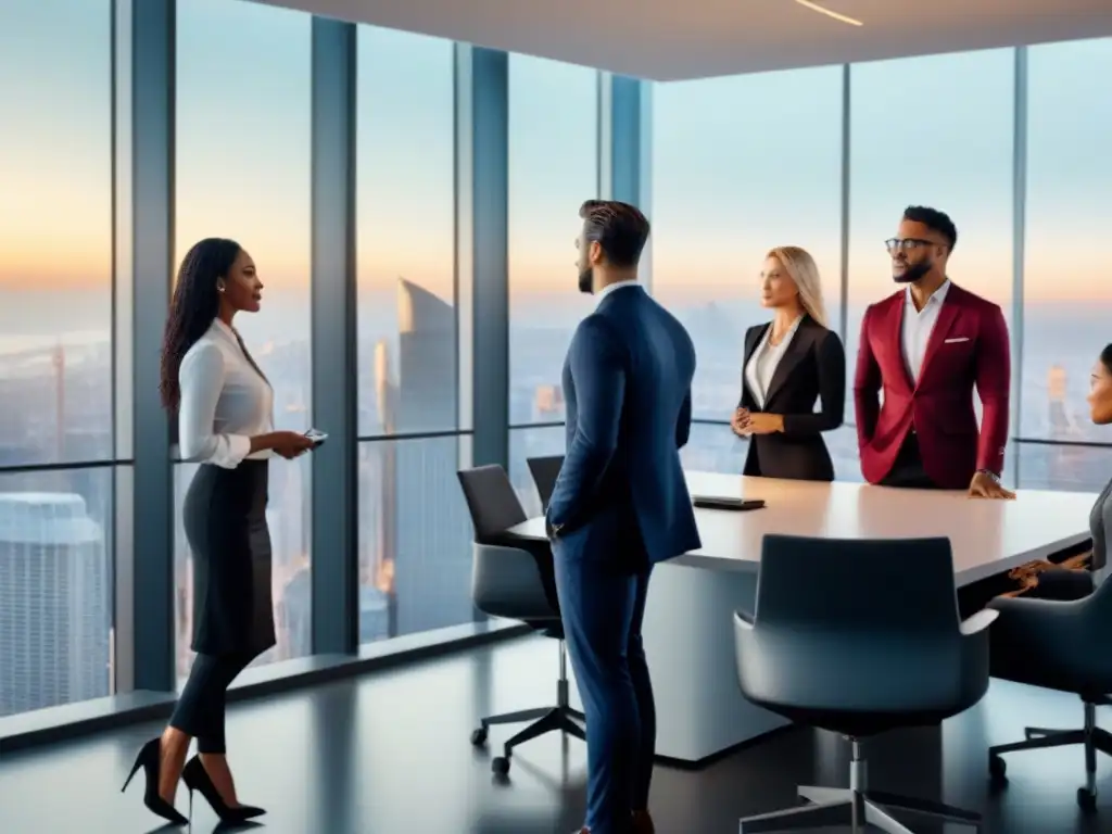 Profesionales diversificados discuten acuerdos en oficina moderna Profesionales discutiendo acuerdos contractuales en oficina de alto nivel