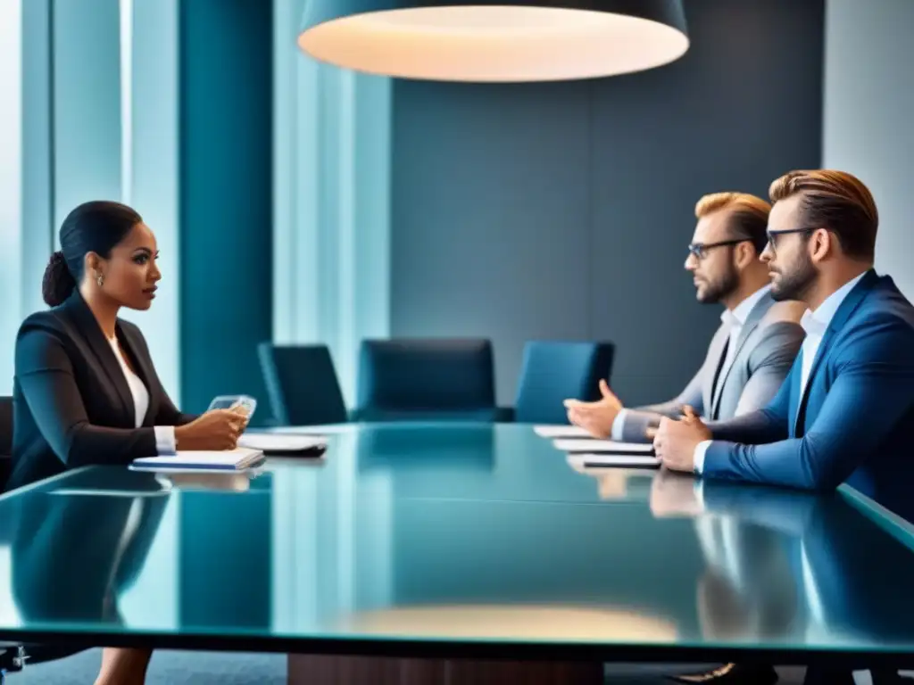 Profesionales negociando acuerdos inmobiliarios en oficina moderna Profesionales negociando acuerdos inmobiliarios con importancia ética en oficina contemporánea