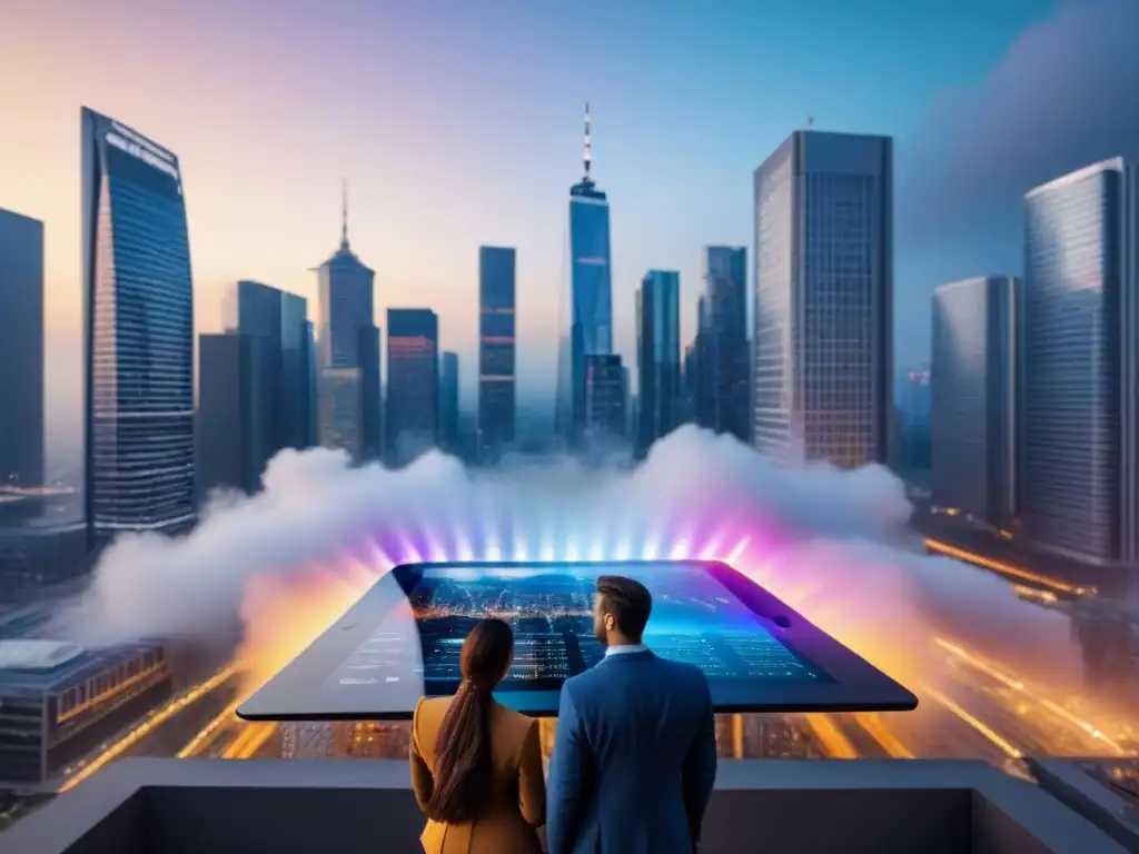 Escena urbana 8k: profesionales analizan mercado inmobiliario Profesionales realizando análisis de mercado inversión inmobiliaria en vibrante ciudad de rascacielos