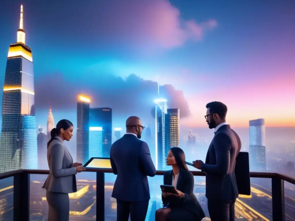 Profesionales innovadores en ciudad futurista Profesionales realizando análisis de mercado de inversiones inmobiliarias en una ciudad futurista iluminada al anochecer