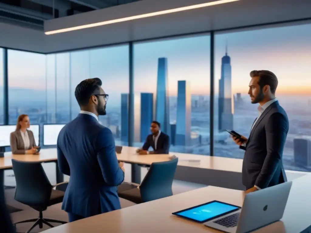 Inversión inmobiliaria en oficina ultramoderna Profesionales en animada discusión sobre inversiones inmobiliarias en moderna oficina con vista urbana