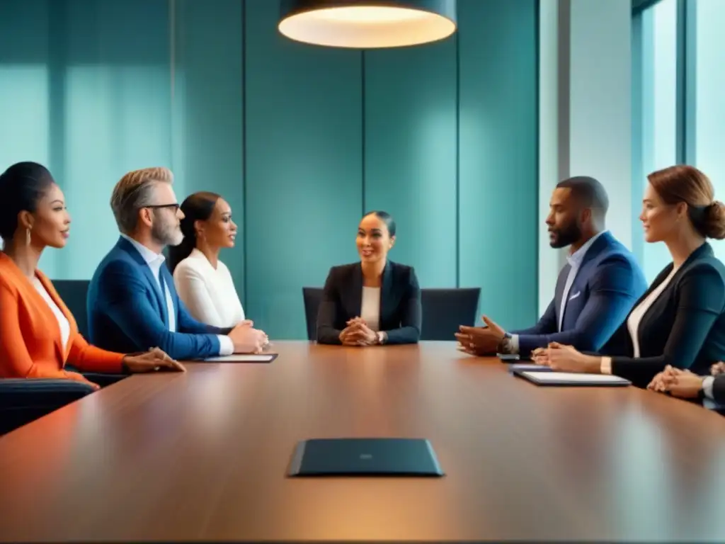 Profesionales expertos en reunión: diversidad y profesionalismo Profesionales en animada discusión alrededor de una mesa moderna, creando ambiente educativo y sofisticado