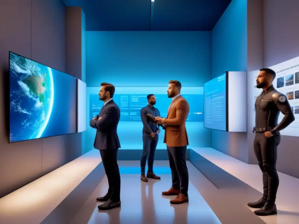 Equipo diverso protegiendo artefactos con tecnología avanzada en un museo Profesionales protegiendo artefactos en museo con tecnología avanzada
