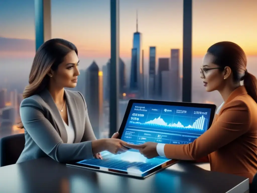 Profesionales expertos asesoran en futurista oficina urbana Profesionales brindan asesoría sobre los mejores préstamos hipotecarios terrenos en oficina moderna con vista a la ciudad