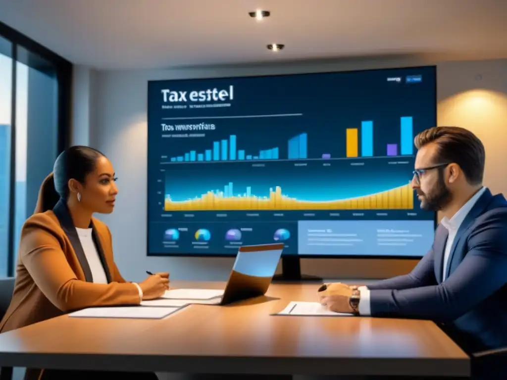 Profesionales debaten impuestos e inmuebles en oficina moderna Profesionales discuten aspectos clave tributación compraventa inmuebles en moderna oficina
