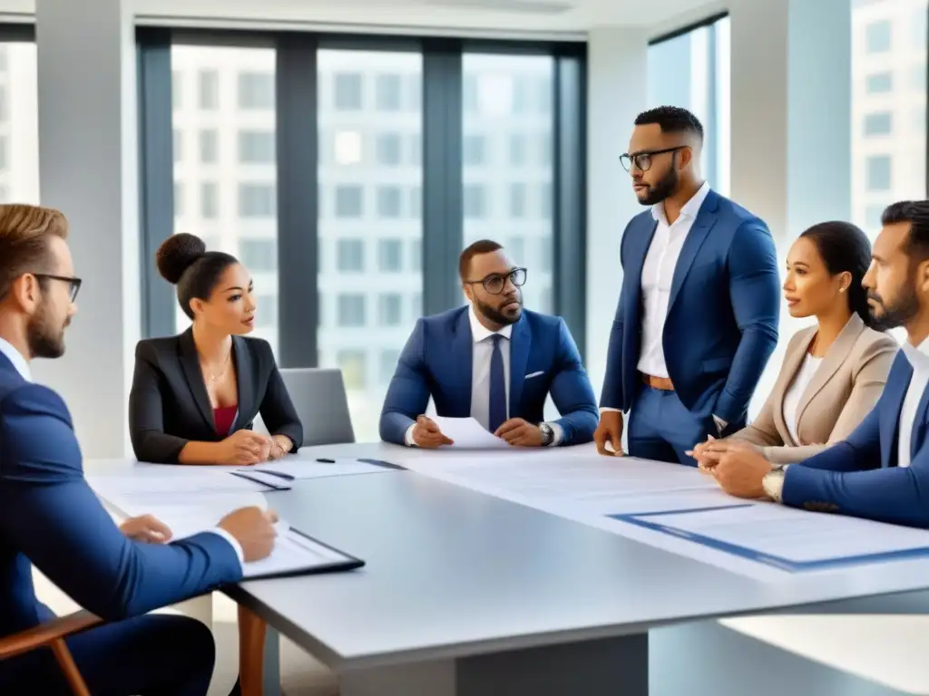 Profesionales de Real Estate en Reunión Estratégica Profesionales debatiendo aspectos legales inversión inmobiliaria en oficina sofisticada