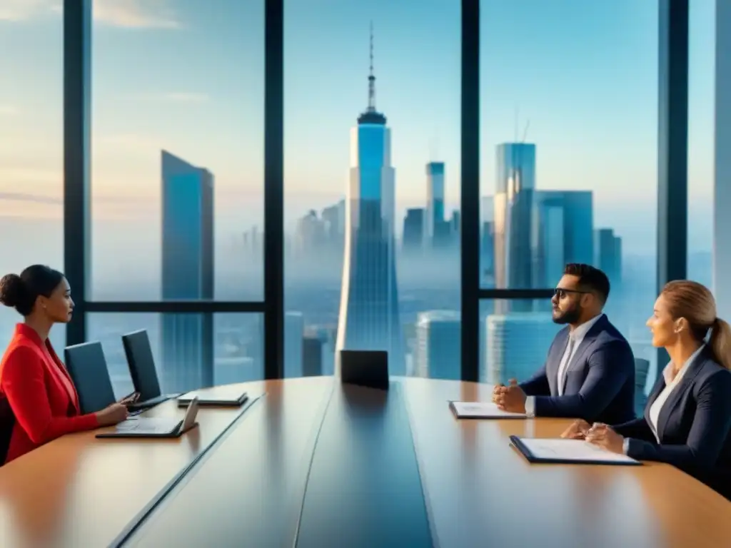 Profesionales innovadores en reunión de auditoría inmobiliaria Profesionales discutiendo auditorías inmobiliarias nuevas regulaciones en moderna oficina con vista a la ciudad