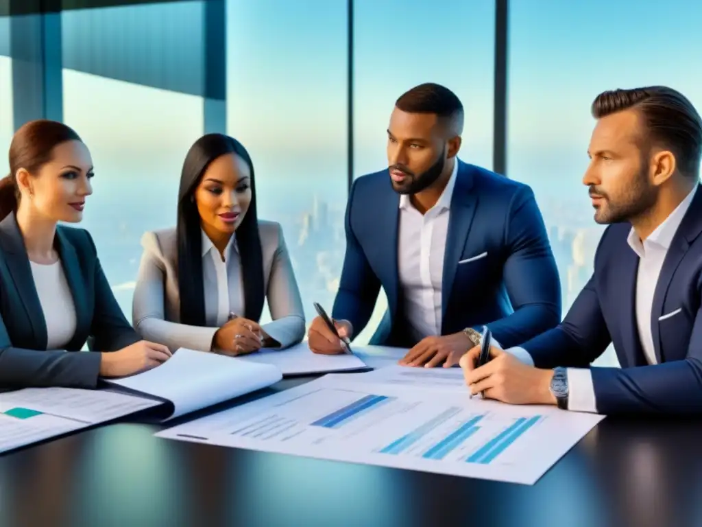 Profesionales inmobiliarios en reunión de expertos Profesionales discuten detalladamente avalúos inmobiliarios hipoteca en moderna sala iluminada y colaborativa