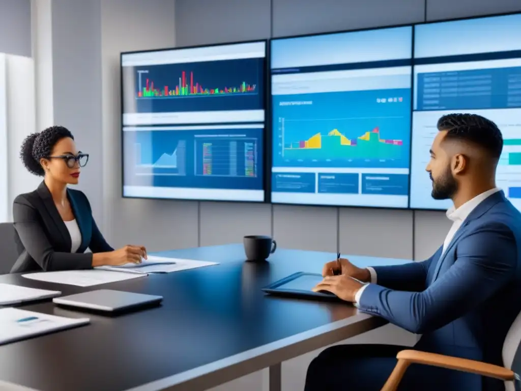 Profesionales diversos en oficina moderna, analizando activos financieros Profesionales diversos discuten Beneficios titulización activos inmobiliarios en oficina moderna y elegante
