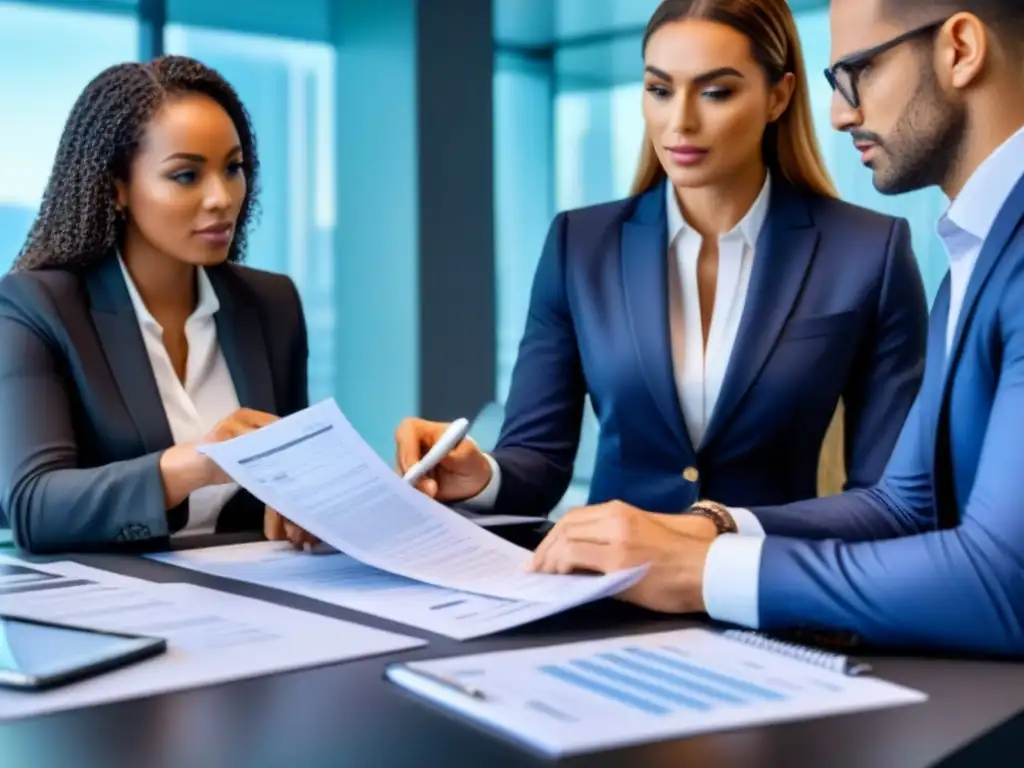 Profesionales expertos maximizan beneficios fiscales en refinanciamiento Profesionales discutiendo beneficios fiscales refinanciamiento inmobiliario en oficina moderna