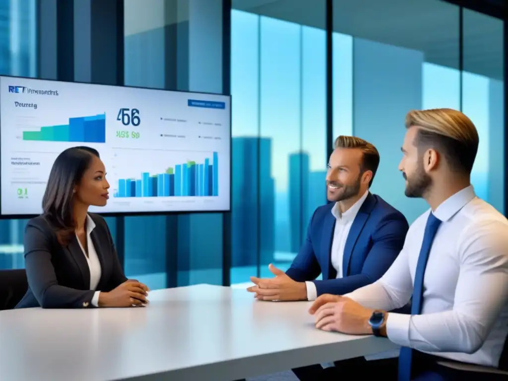Profesionales debaten sobre inversiones REIT en oficina moderna Profesionales debatiendo sobre beneficios de invertir en REITs en una oficina moderna