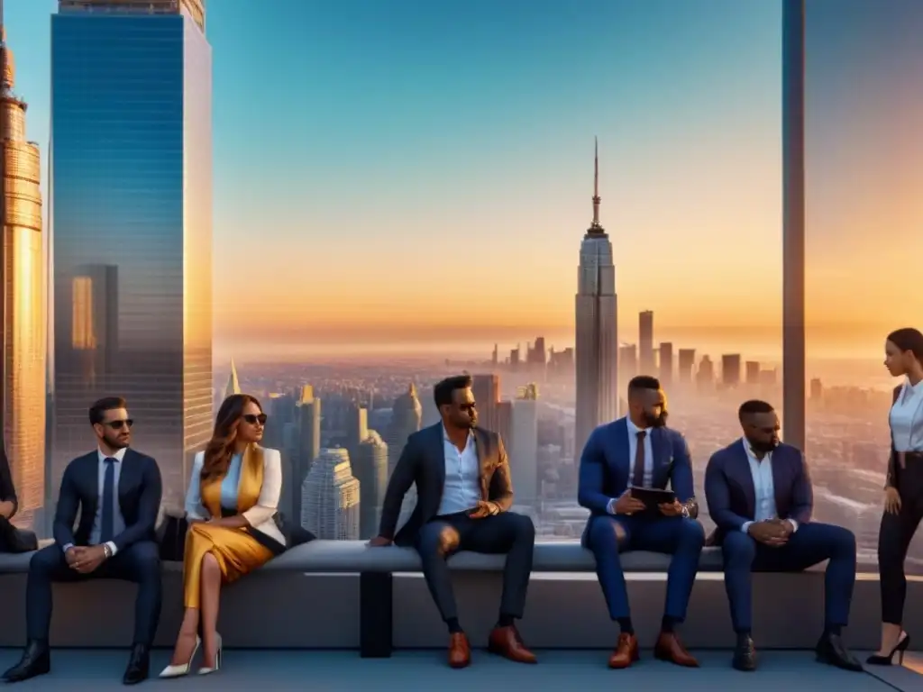 Oportunidades de crecimiento en el mercado inmobiliario global Profesionales debatiendo en la ciudad al atardecer, reflejando el impacto de tendencias demográficas en el mercado inmobiliario