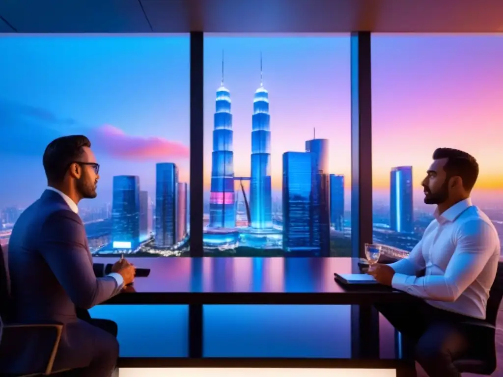 Innovación en servicios legales inmobiliarios: reunión en la ciudad del futuro Profesionales colaborando en una ciudad futurista al anochecer, mostrando los beneficios de la digitalización en servicios legales inmobiliarios