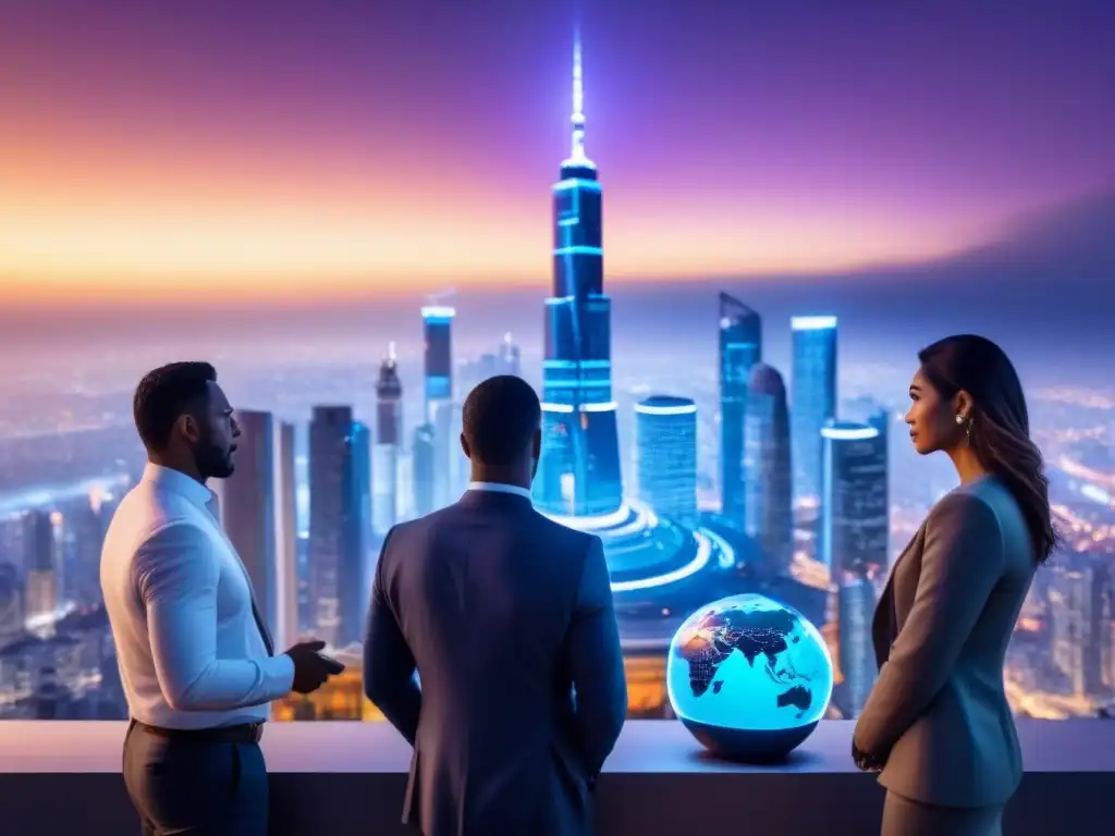 Inversión inmobiliaria global: ciudad futurista al atardecer Profesionales debatiendo en una ciudad futurista al anochecer, con holograma de tendencias económicas inmobiliarias internacionales