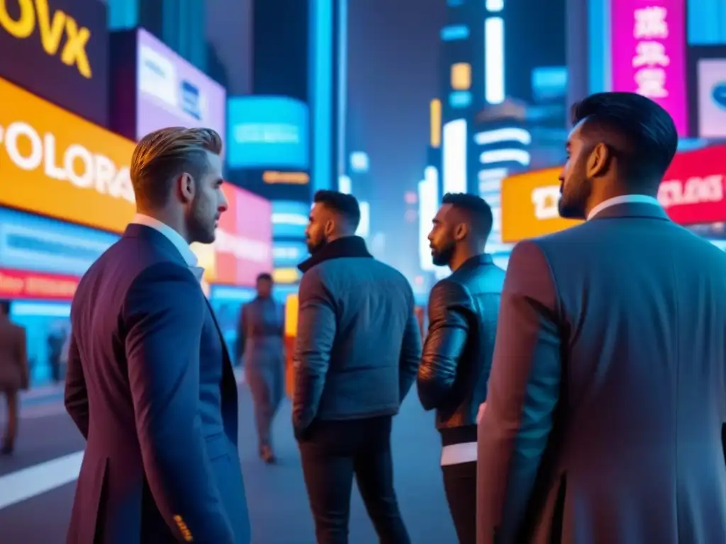 Profesionales resilientes en la ciudad del futuro Profesionales en ciudad futurista con rascacielos iluminados por luces de neón, simbolizando adaptabilidad en recesiones