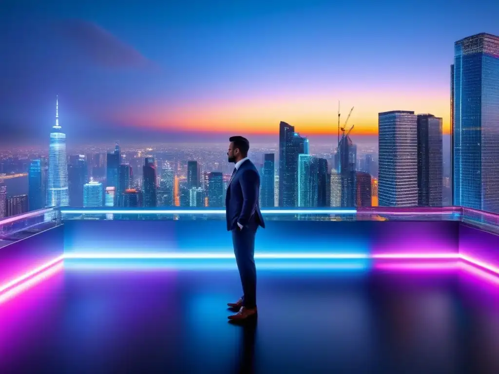 Profesionales en una ciudad futurista con tecnología innovadora y oportunidades de inversión