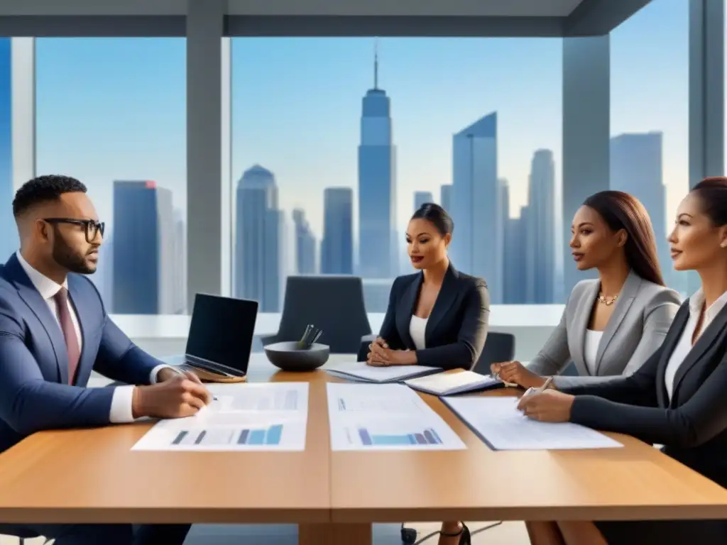 Profesionales modernos en reunión legal Profesionales discuten cláusulas abusivas en contrato inmobiliario en ambiente moderno y elegante