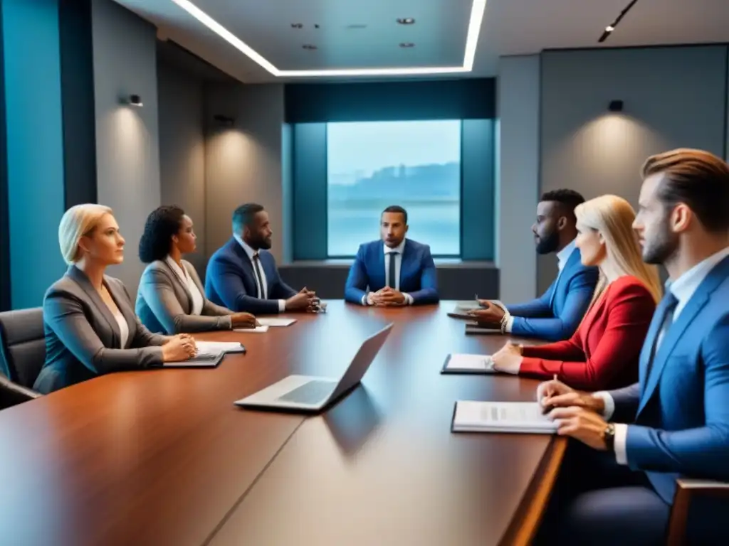 Negociación inmobiliaria: profesionales diversos en sala de juntas moderna Profesionales negociando compras inmobiliarias estrategias en una sala de juntas moderna y luminosa