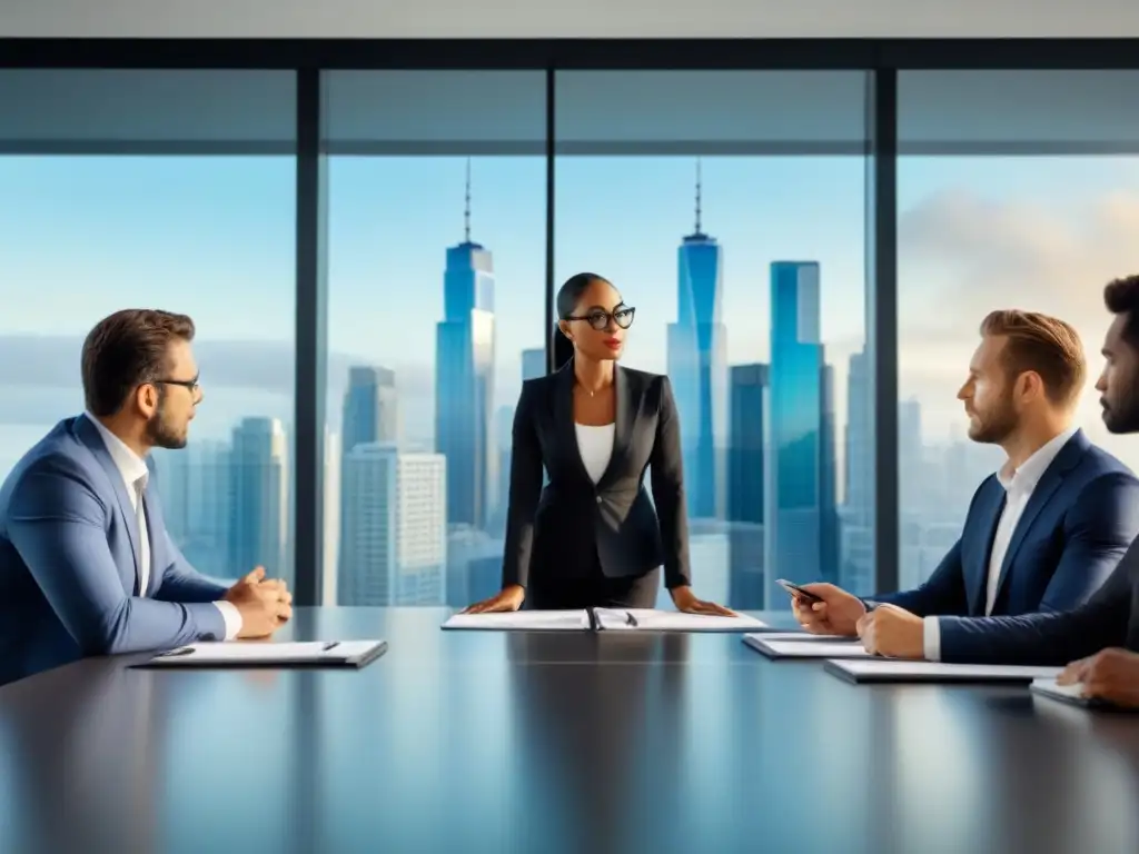 Profesionales en sesión de brainstorming sobre inversiones inmobiliarias Profesionales concentrados en sesión de brainstorming sobre inversión inmobiliaria en moderna sala de reuniones