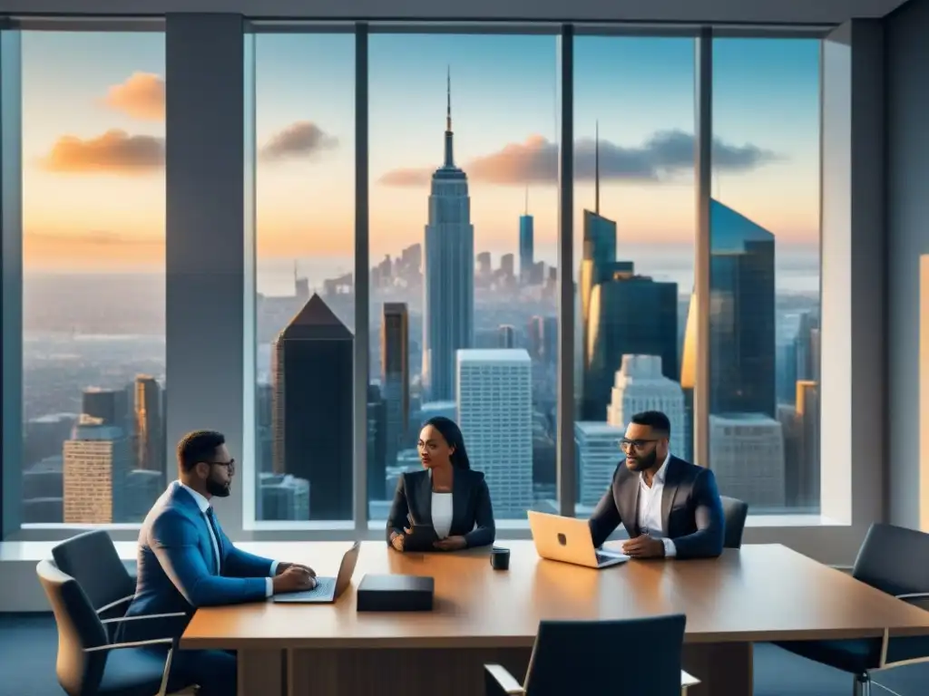 Profesionales discuten financiamiento hipotecario en oficina moderna Profesionales discutiendo conceptos básicos financiamiento hipotecario en oficina moderna y luminosa