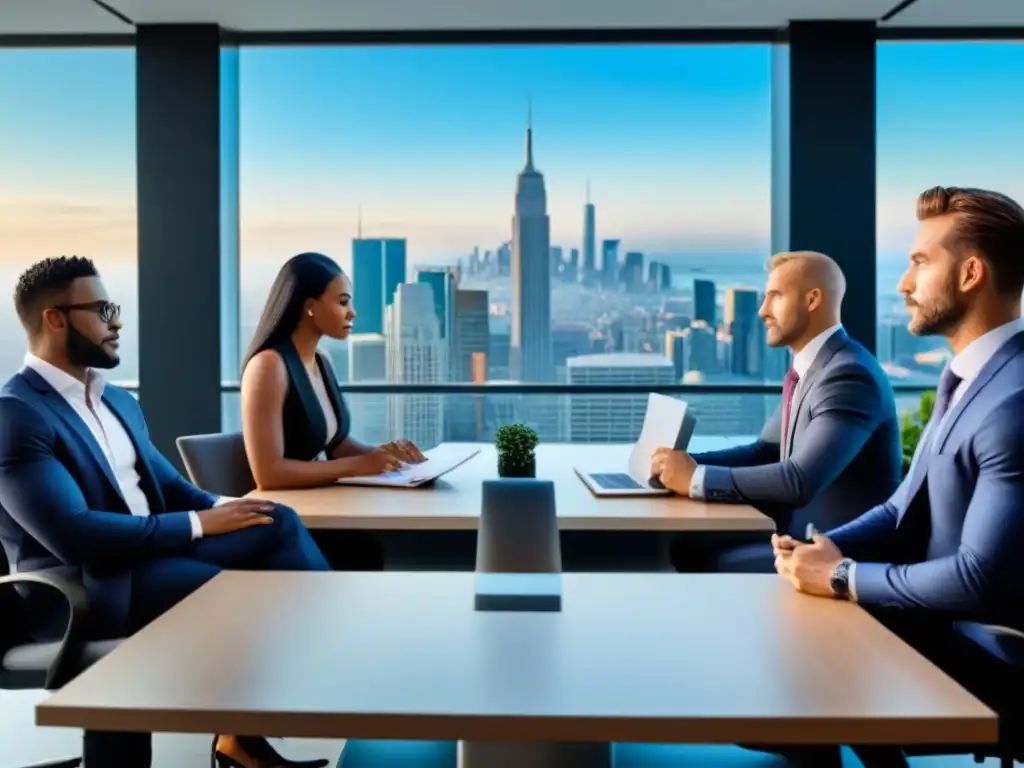 Profesionales discutiendo términos hipotecarios en oficina moderna Profesionales negociando condiciones de primera hipoteca en moderna oficina con vista a la ciudad