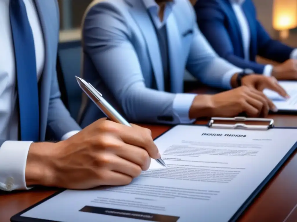 Firma digital innovadora en contrato inmobiliario Profesionales firmando contrato inmobiliario con firmas digitales en oficina moderna