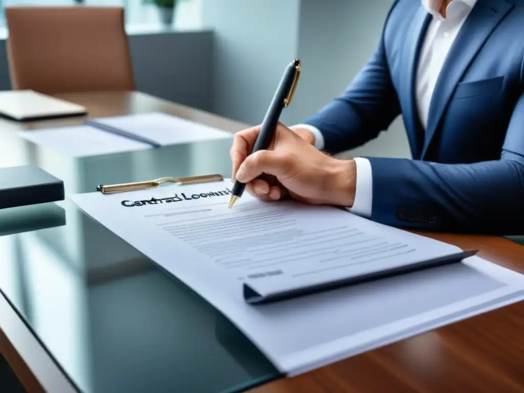 Profesionales revisan contrato inmobiliario transparente en oficina moderna: Guía contratos inmobiliarios claros