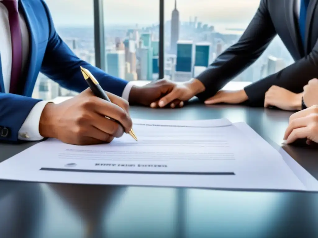 Contrato moderno firmado por profesionales diversos en oficina luminosa Profesionales firmando contrato en oficina luminosa con diversidad de tonos de piel y vestimenta