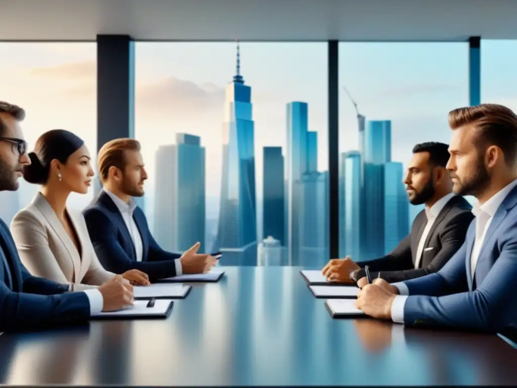 Profesionales debatiendo contratos inmobiliarios y finanzas en sala moderna Profesionales discuten contratos inmobiliarios y documentos financieros en una sala moderna con vista a la ciudad