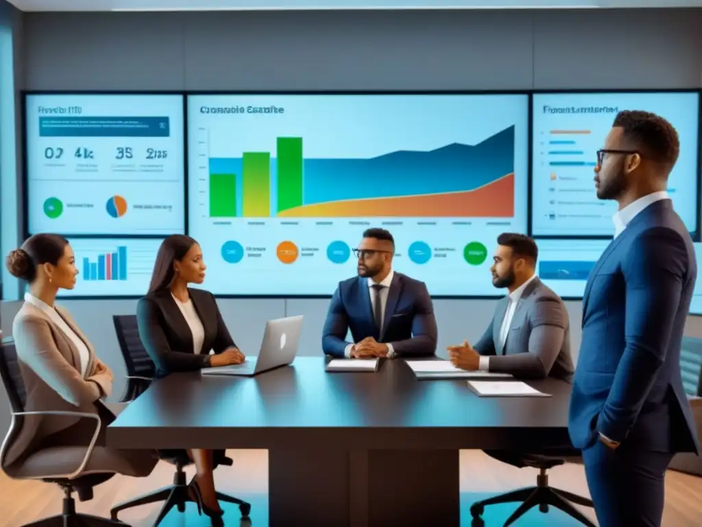 Profesionales debaten contrato inmobiliario con impacto visual Profesionales debaten contratos inmobiliarios con gráficos digitales