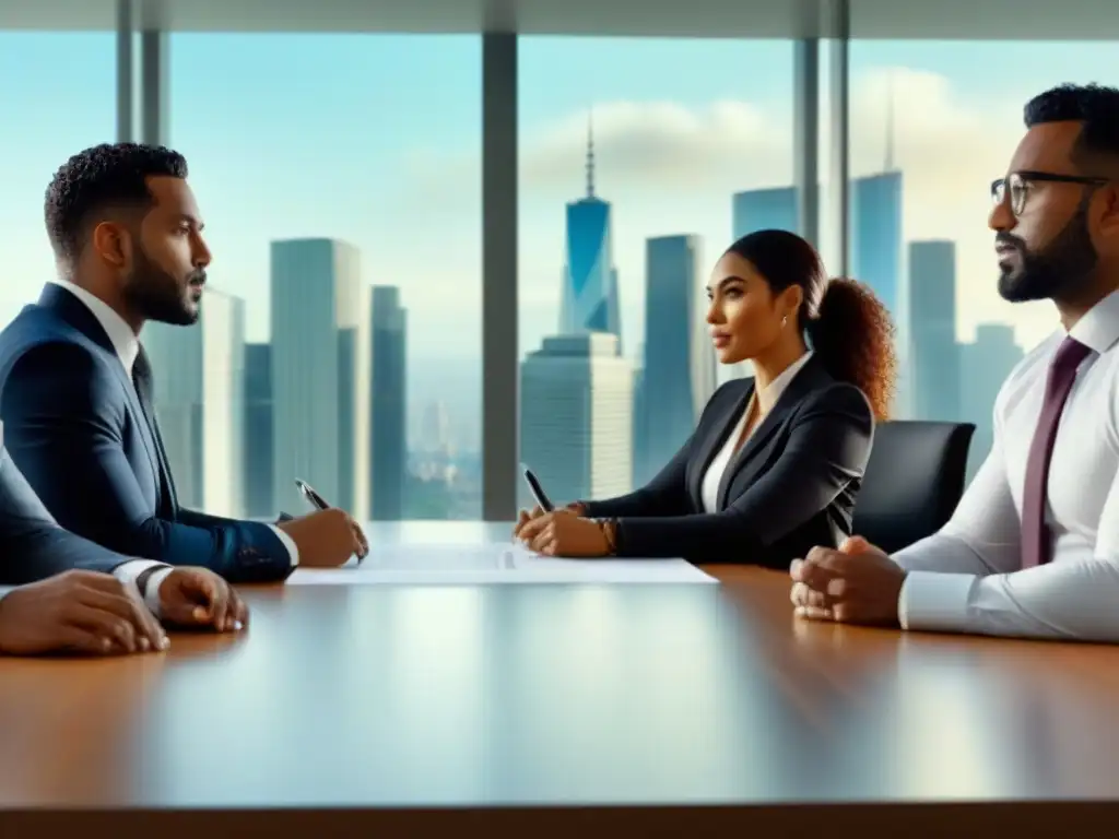 Profesionales multiculturales discutiendo contratos en oficina moderna Profesionales diversos discutiendo contratos inmobiliarios en una oficina moderna