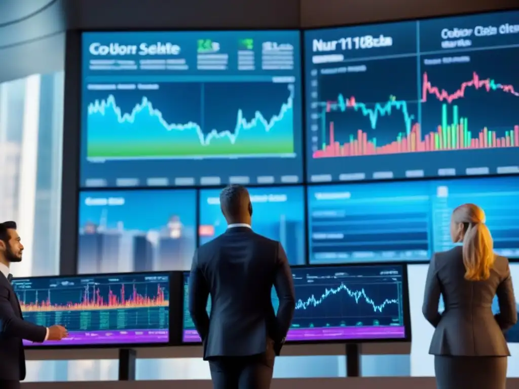 Profesionales en bolsa de valores: estrategias de short selling y análisis en hologramas futuristas Profesionales en corto en un mercado inmobiliario, con urgencia y estrategia en ciudad futurista