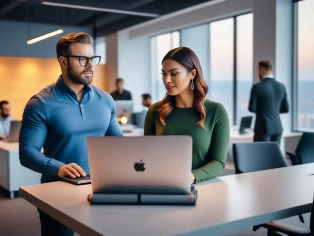 Coworking dinámico: profesionales colaboran en espacio moderno y luminoso Profesionales colaborando en coworking moderno con modelos de negocio para coworking