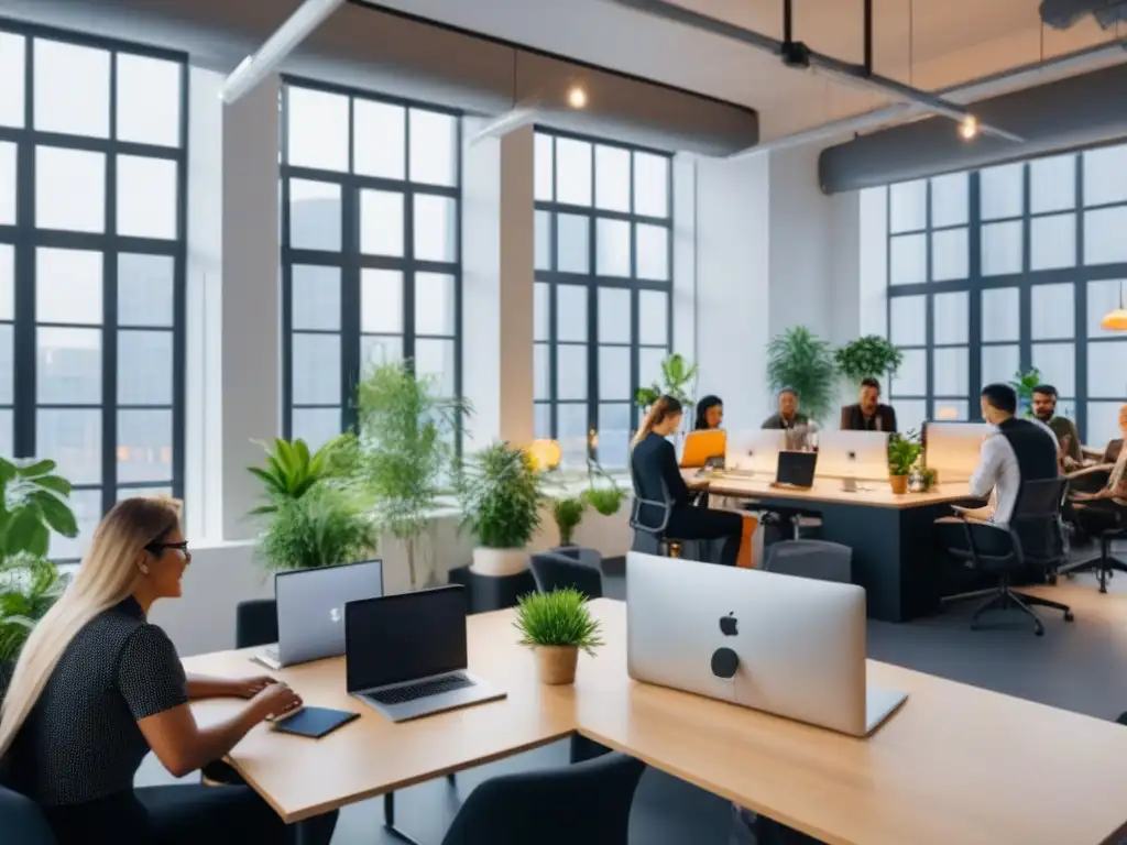 Espacio de coworking vibrante con profesionales colaborando Profesionales diversos colaboran en un coworking moderno y vibrante