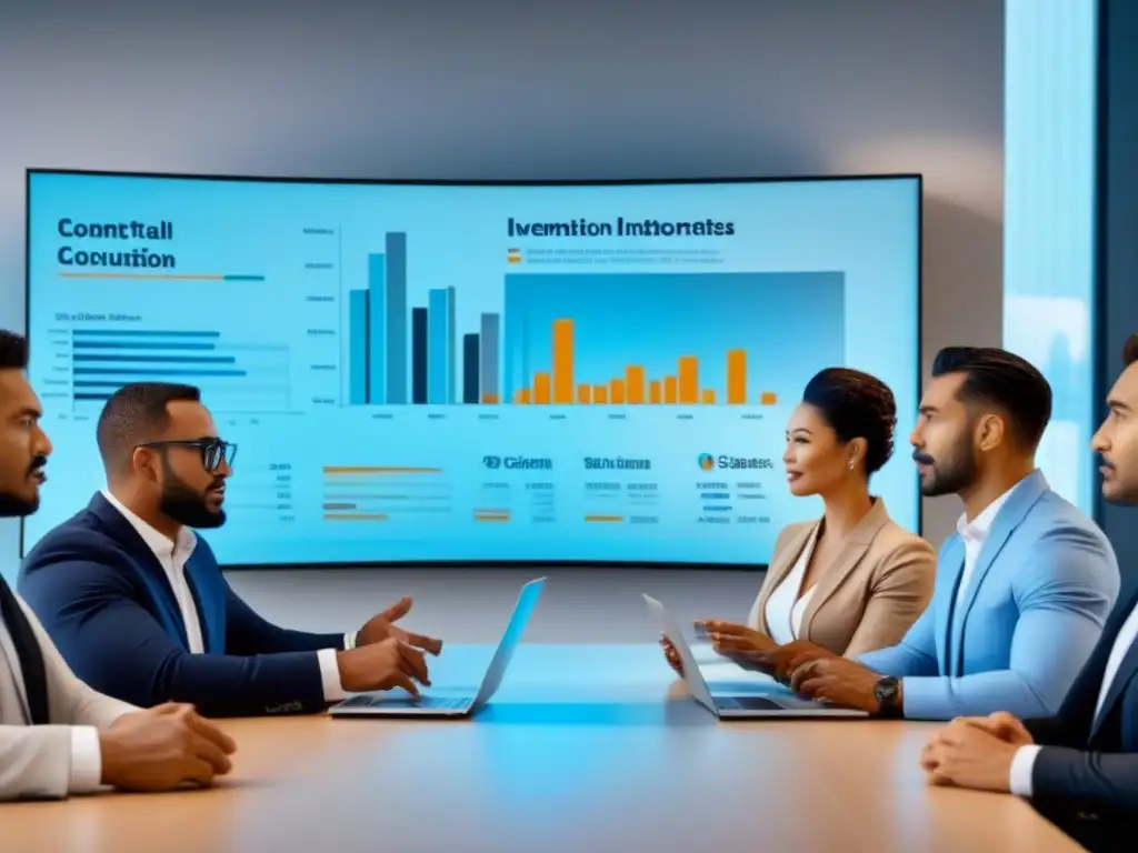 Conversaciones globales: Inversiones inmobiliarias internacionales Profesionales de diversas culturas discuten inversiones inmobiliarias internacionales en una oficina moderna