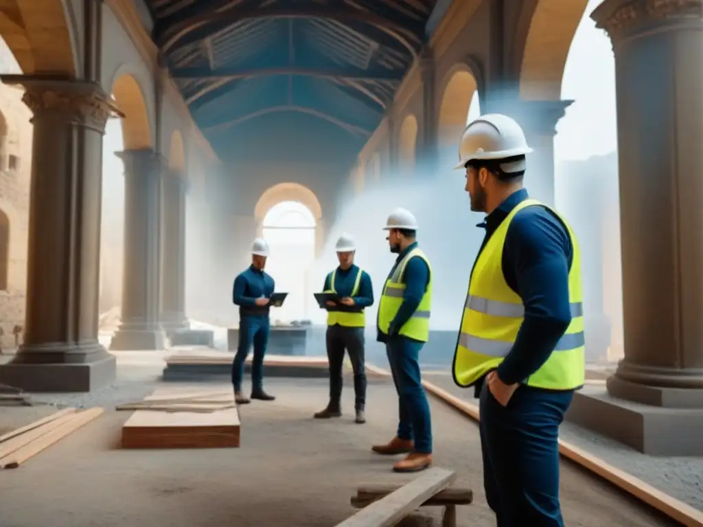 Equipo de ingenieros y arquitectos modernos inspeccionando estructuras históricas con tecnología avanzada Profesionales inspeccionan daños en edificio patrimonial, combinando arquitectura tradicional con tecnología avanzada